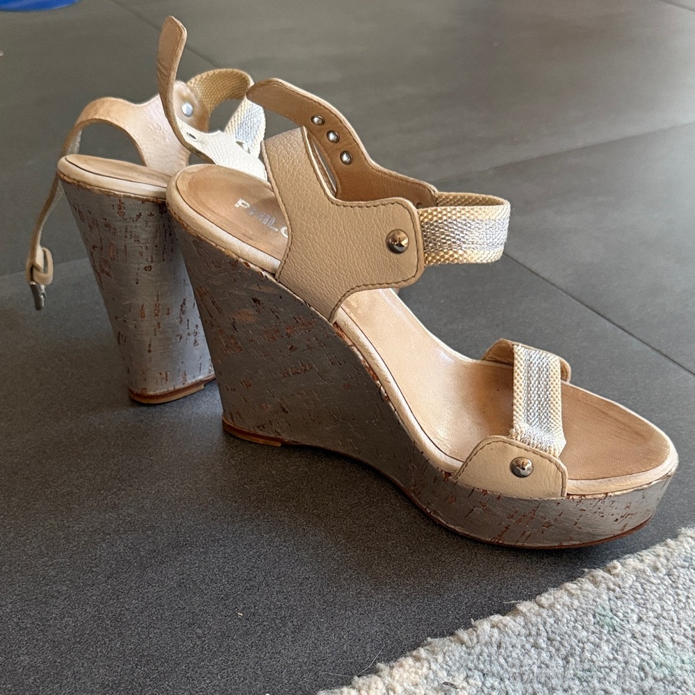 Philosophy Beige and Silver Wedge Sandals